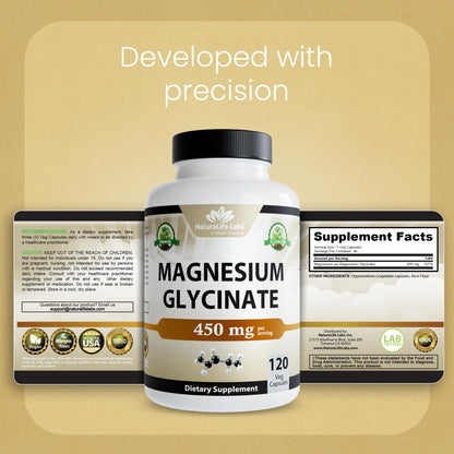 NaturaLife Labs Magnesium Glycinate - 450 mg per Serving – 120 Vegan Capsules - Non-GMO, Gluten-Free, Vegan - Maple Wellness Supplements
