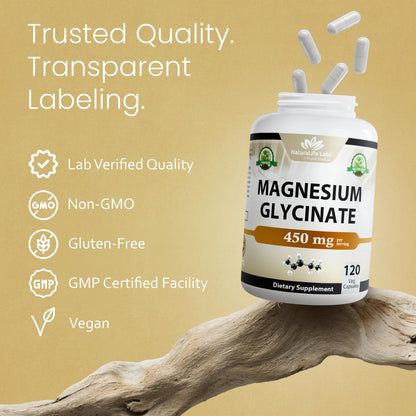 NaturaLife Labs Magnesium Glycinate - 450 mg per Serving – 120 Vegan Capsules - Non-GMO, Gluten-Free, Vegan - Maple Wellness Supplements