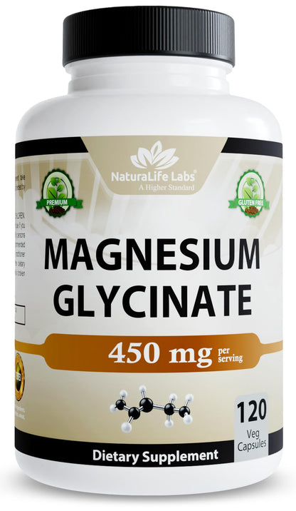 NaturaLife Labs Magnesium Glycinate - 450 mg per Serving – 120 Vegan Capsules - Non-GMO, Gluten-Free, Vegan - Maple Wellness Supplements