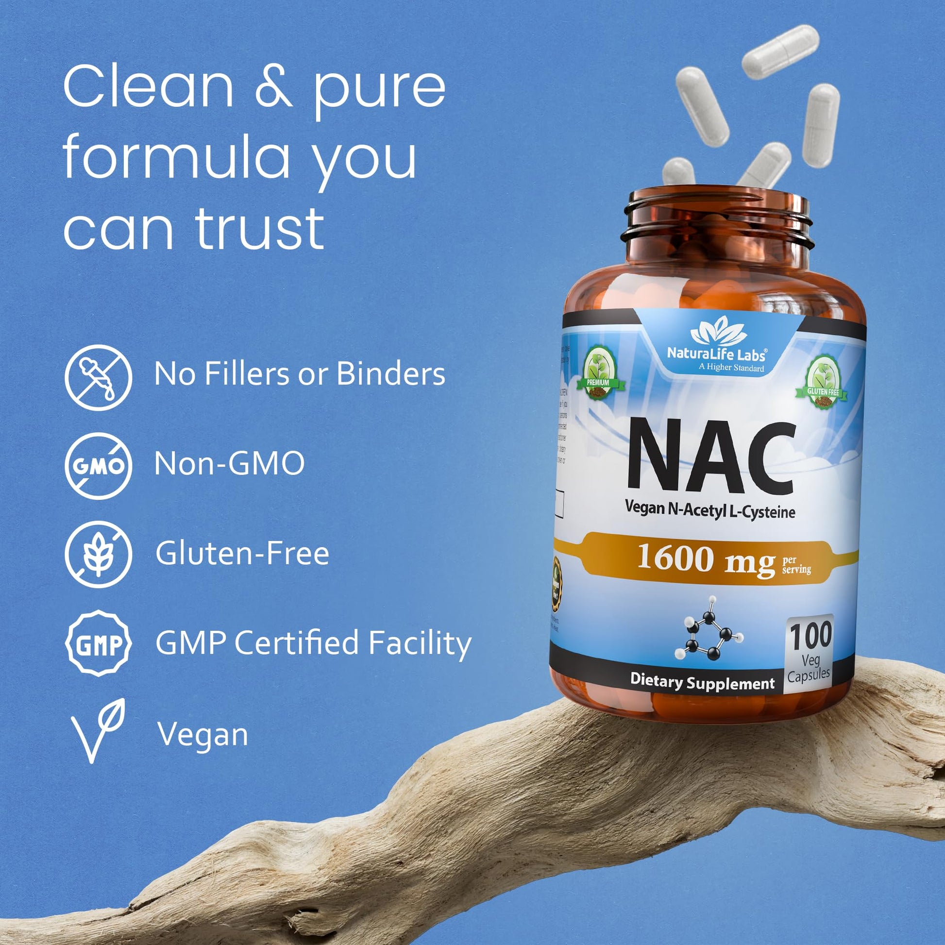 NaturaLife Labs N-Acetyl-L-Cysteine (NAC) 1600 mg – 100 Capsules - Vegan, Non-GMO & Gluten-Free - Maple Wellness Supplements