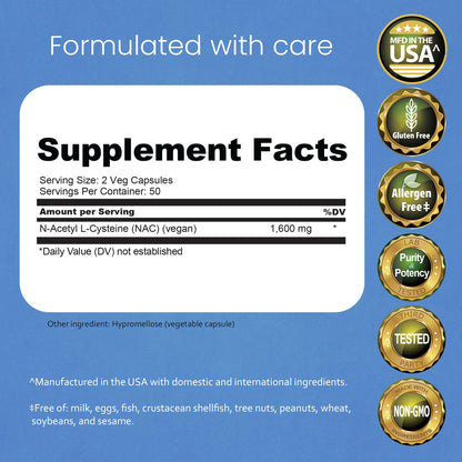NaturaLife Labs N-Acetyl-L-Cysteine (NAC) 1600 mg – 100 Capsules - Vegan, Non-GMO & Gluten-Free - Maple Wellness Supplements