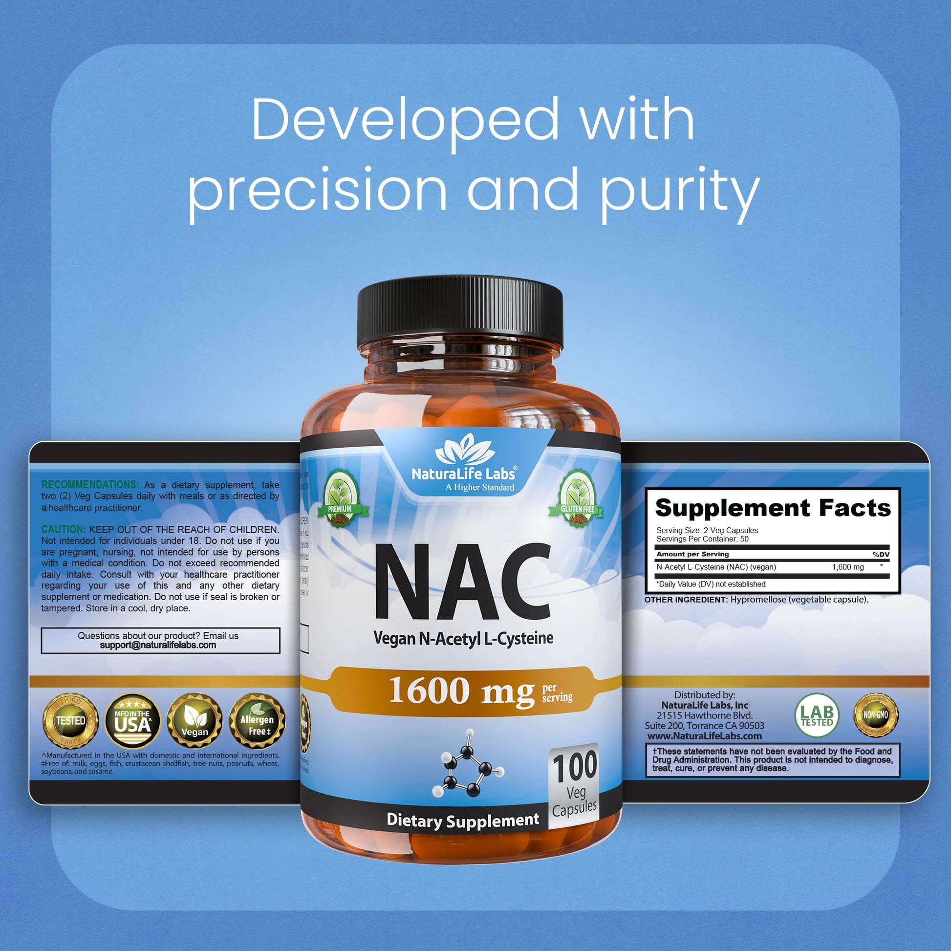 NaturaLife Labs N-Acetyl-L-Cysteine (NAC) 1600 mg – 100 Capsules - Vegan, Non-GMO & Gluten-Free - Maple Wellness Supplements