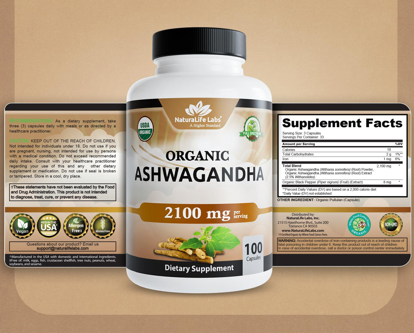 NaturaLife Labs Organic Ashwagandha 2100 mg per Serving – Herbal Supplement Root Powder & Extract – 100 Capsules – Vegan, Non-GMO, Gluten-Free - Maple Wellness Supplements