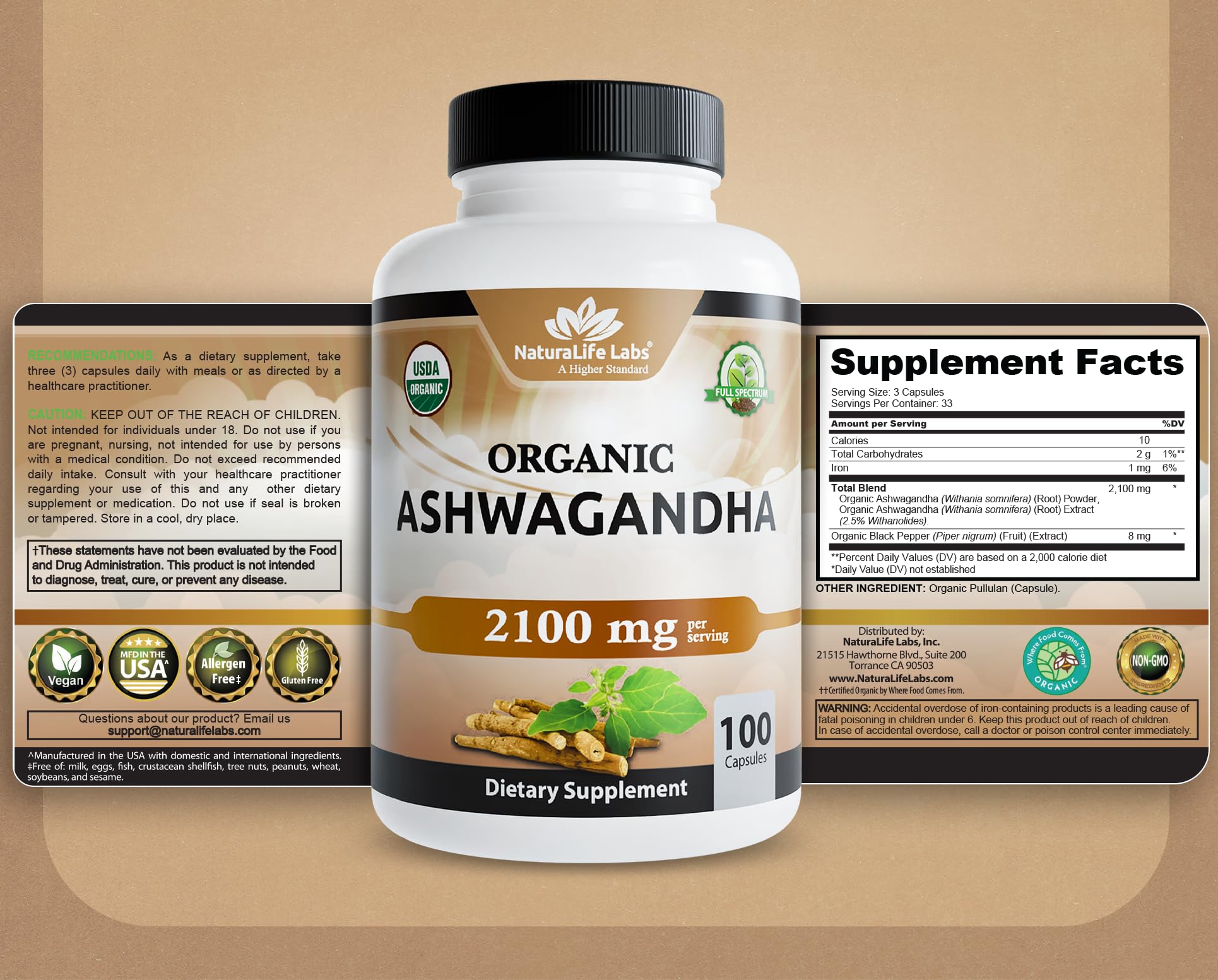 NaturaLife Labs Organic Ashwagandha 2100 mg per Serving – Herbal Supplement Root Powder & Extract – 100 Capsules – Vegan, Non-GMO, Gluten-Free - Maple Wellness Supplements