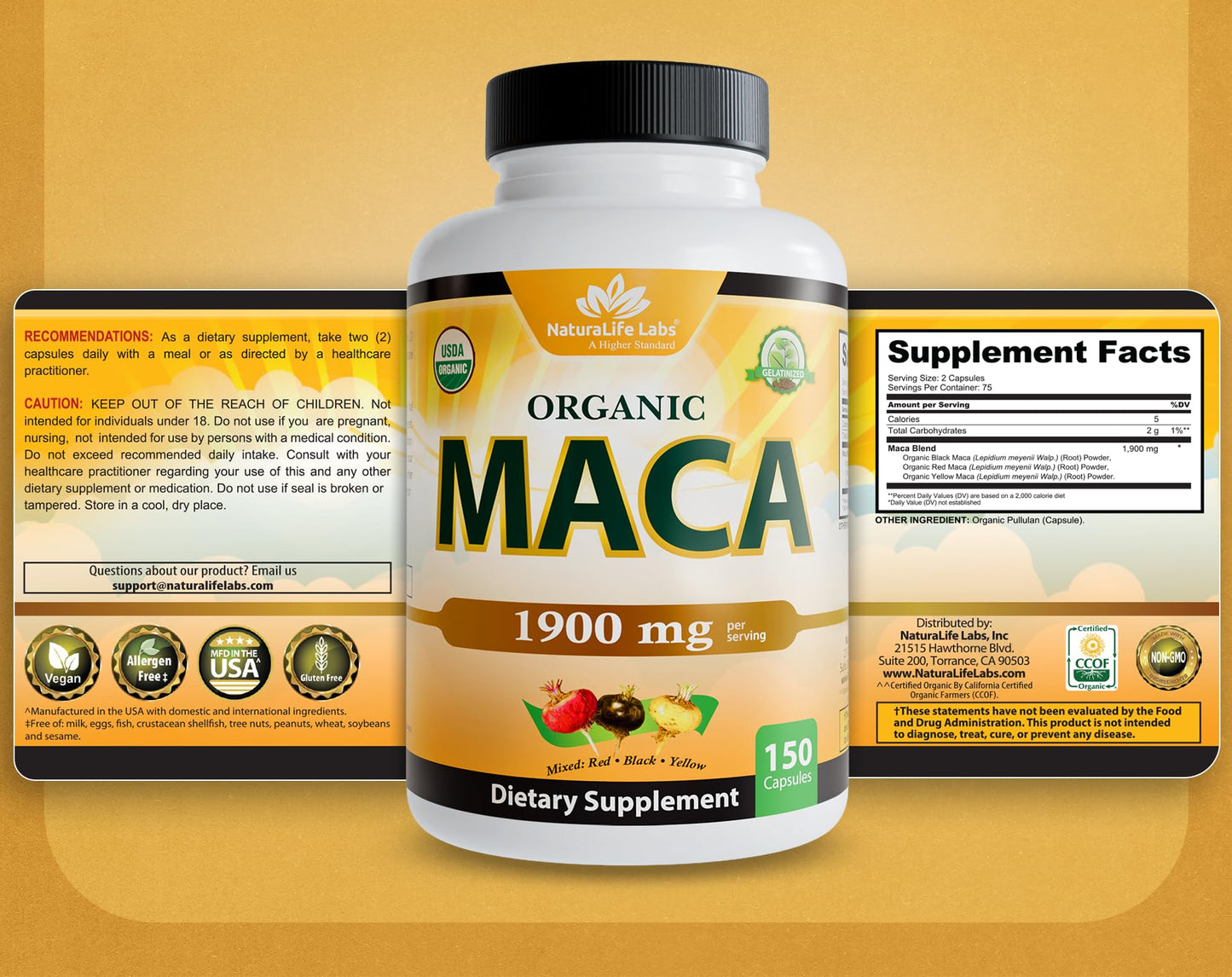 NaturaLife Labs Organic Maca Root – Black, Red & Yellow – 1900 mg per Serving – 150 Capsules – Gelatinized Peruvian Maca - Maple Wellness Supplements