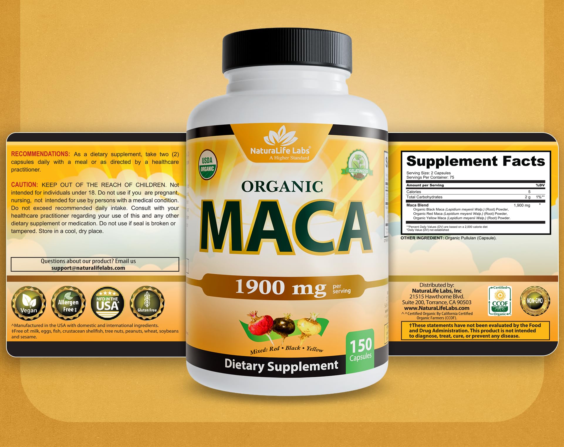 NaturaLife Labs Organic Maca Root – Black, Red & Yellow – 1900 mg per Serving – 150 Capsules – Gelatinized Peruvian Maca - Maple Wellness Supplements