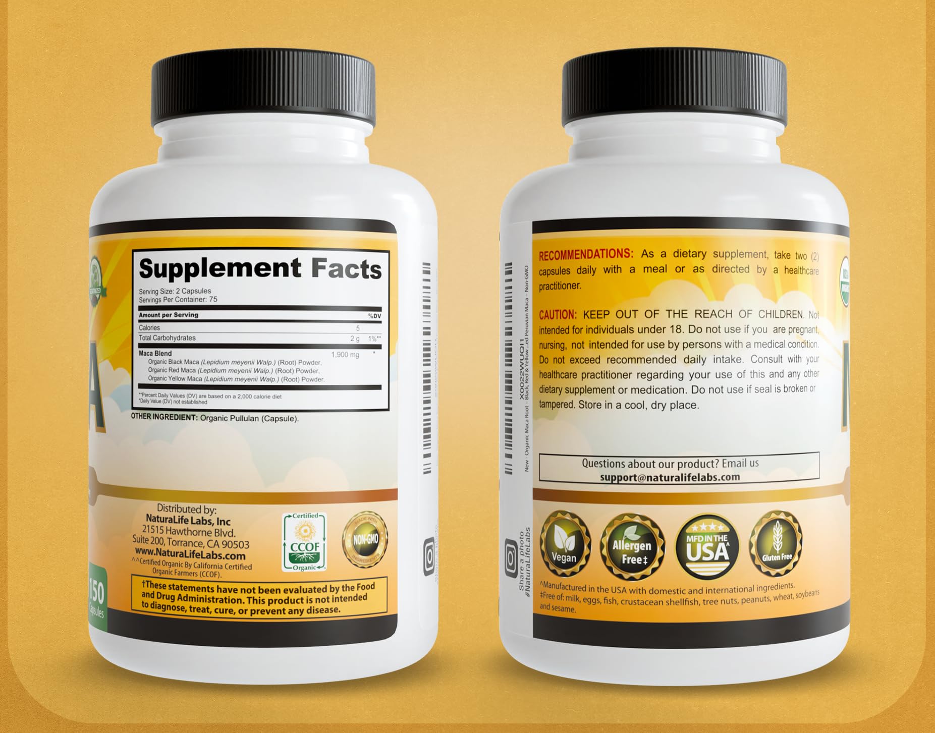 NaturaLife Labs Organic Maca Root – Black, Red & Yellow – 1900 mg per Serving – 150 Capsules – Gelatinized Peruvian Maca - Maple Wellness Supplements