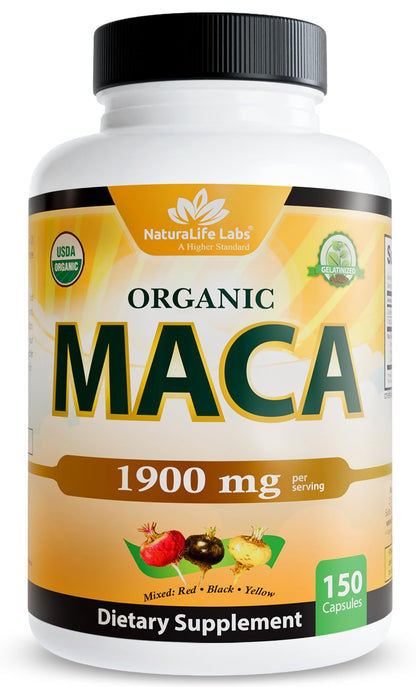 NaturaLife Labs Organic Maca Root – Black, Red & Yellow – 1900 mg per Serving – 150 Capsules – Gelatinized Peruvian Maca - Maple Wellness Supplements