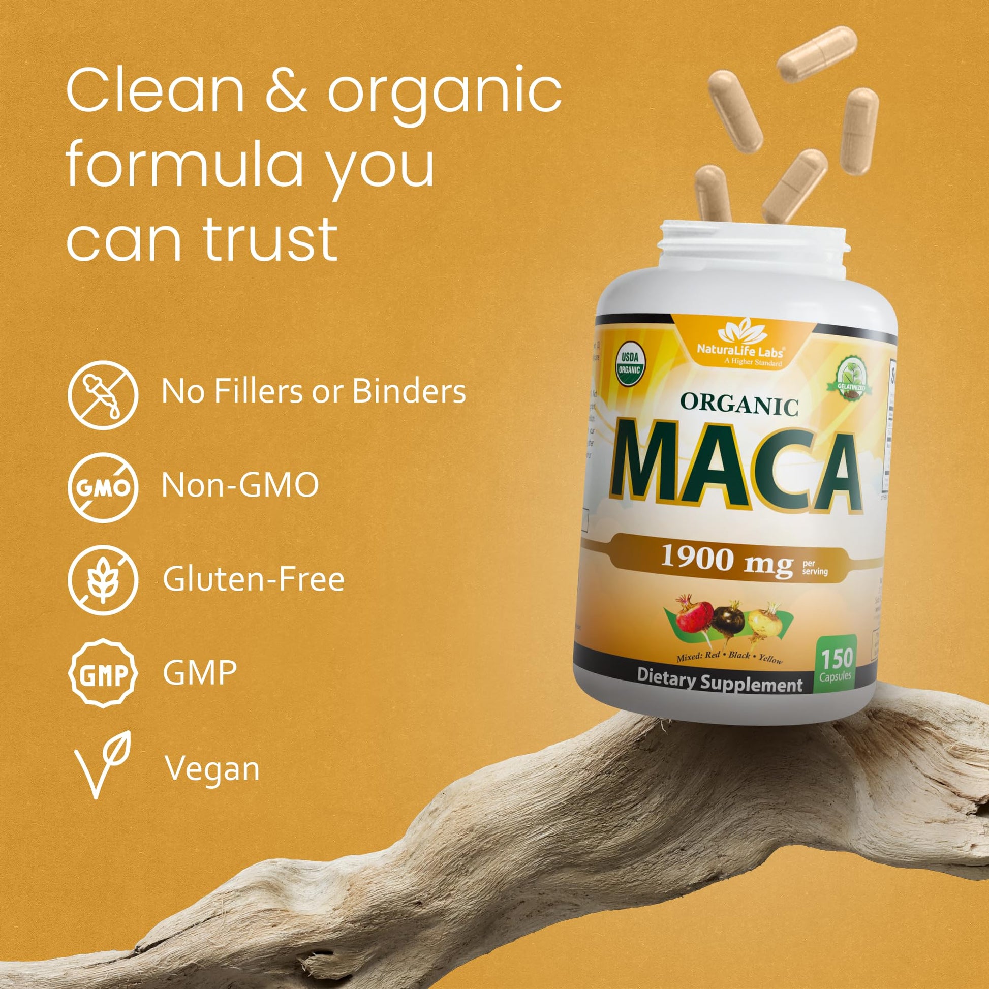 NaturaLife Labs Organic Maca Root – Black, Red & Yellow – 1900 mg per Serving – 150 Capsules – Gelatinized Peruvian Maca - Maple Wellness Supplements
