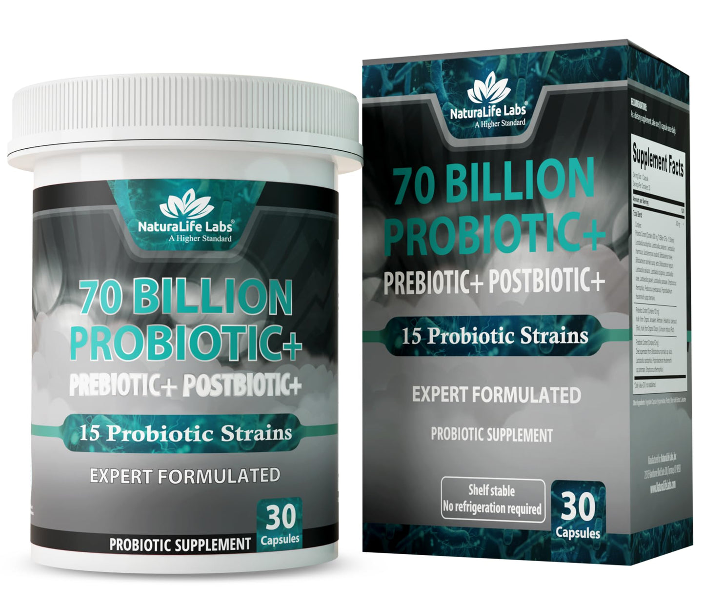 NaturaLife Labs Probiotics 70 Billion CFU – 15 Strains with Organic Prebiotic & Postbiotic – 3-in-1 Formula – 30 Vegan Capsules - Maple Wellness Supplements