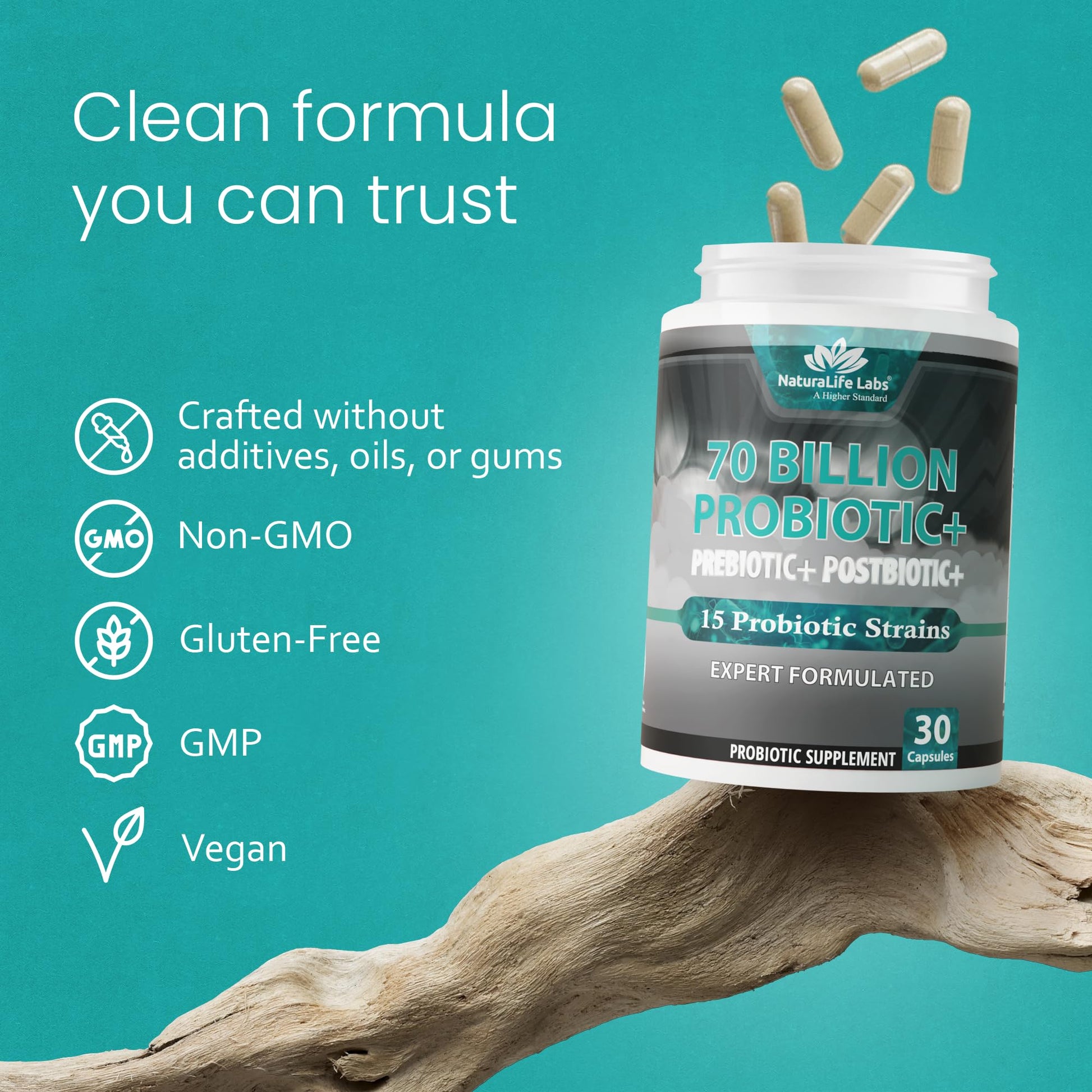 NaturaLife Labs Probiotics 70 Billion CFU – 15 Strains with Organic Prebiotic & Postbiotic – 3-in-1 Formula – 30 Vegan Capsules - Maple Wellness Supplements