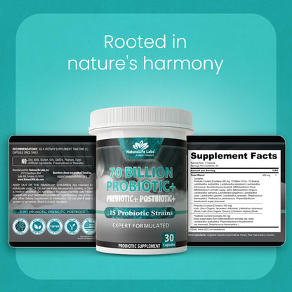 NaturaLife Labs Probiotics 70 Billion CFU – 15 Strains with Organic Prebiotic & Postbiotic – 3-in-1 Formula – 30 Vegan Capsules - Maple Wellness Supplements