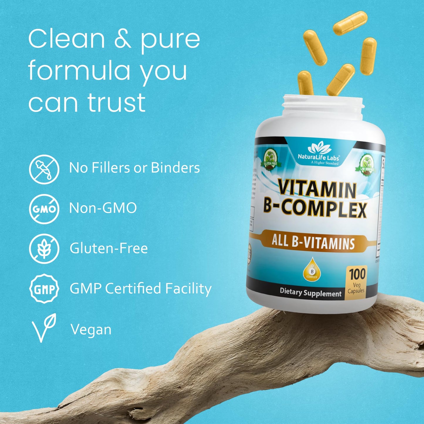 NaturaLife Labs Vitamin B Complex – All B Vitamins Including Active B2, B6, B9 & B12 (Methylcobalamin), Plus B1, B3, B5, B7 & Vitamin C – 100 Capsules - Maple Wellness Supplements