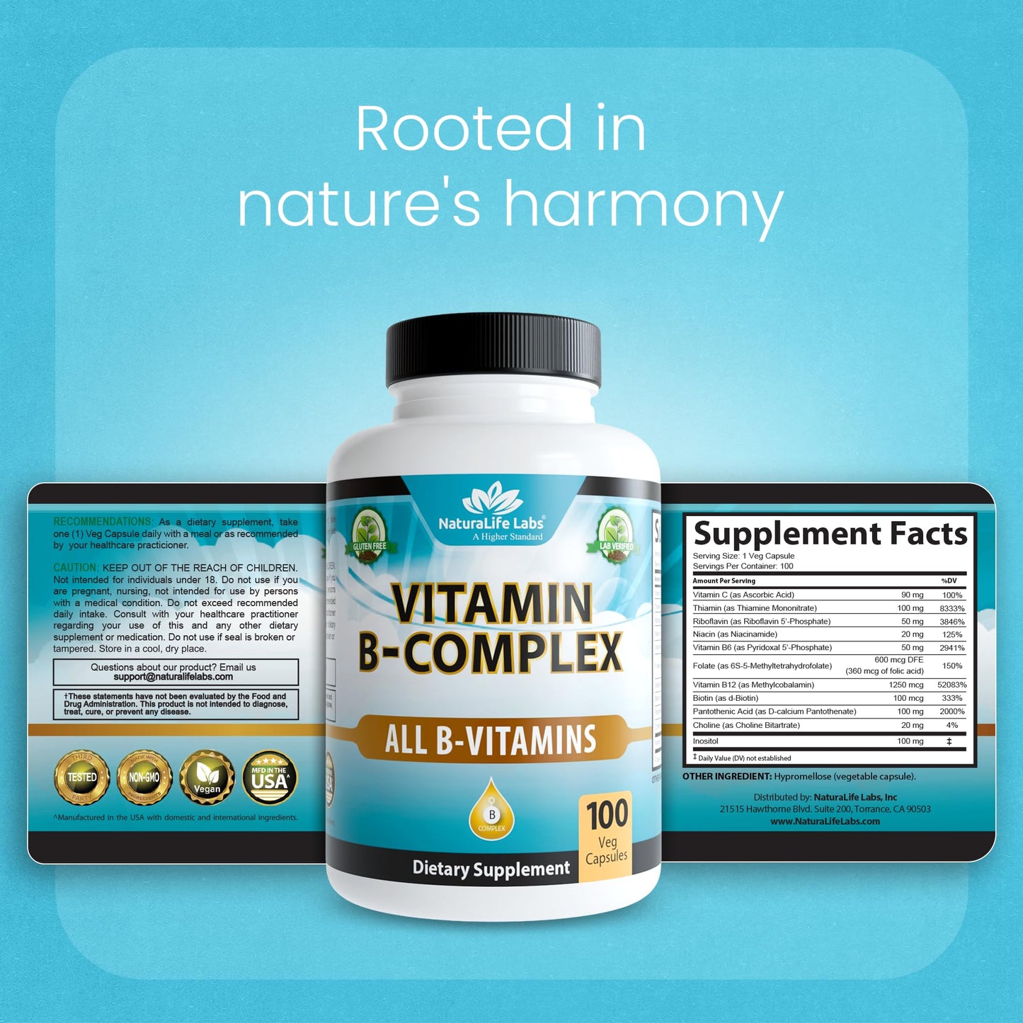 NaturaLife Labs Vitamin B Complex – All B Vitamins Including Active B2, B6, B9 & B12 (Methylcobalamin), Plus B1, B3, B5, B7 & Vitamin C – 100 Capsules - Maple Wellness Supplements