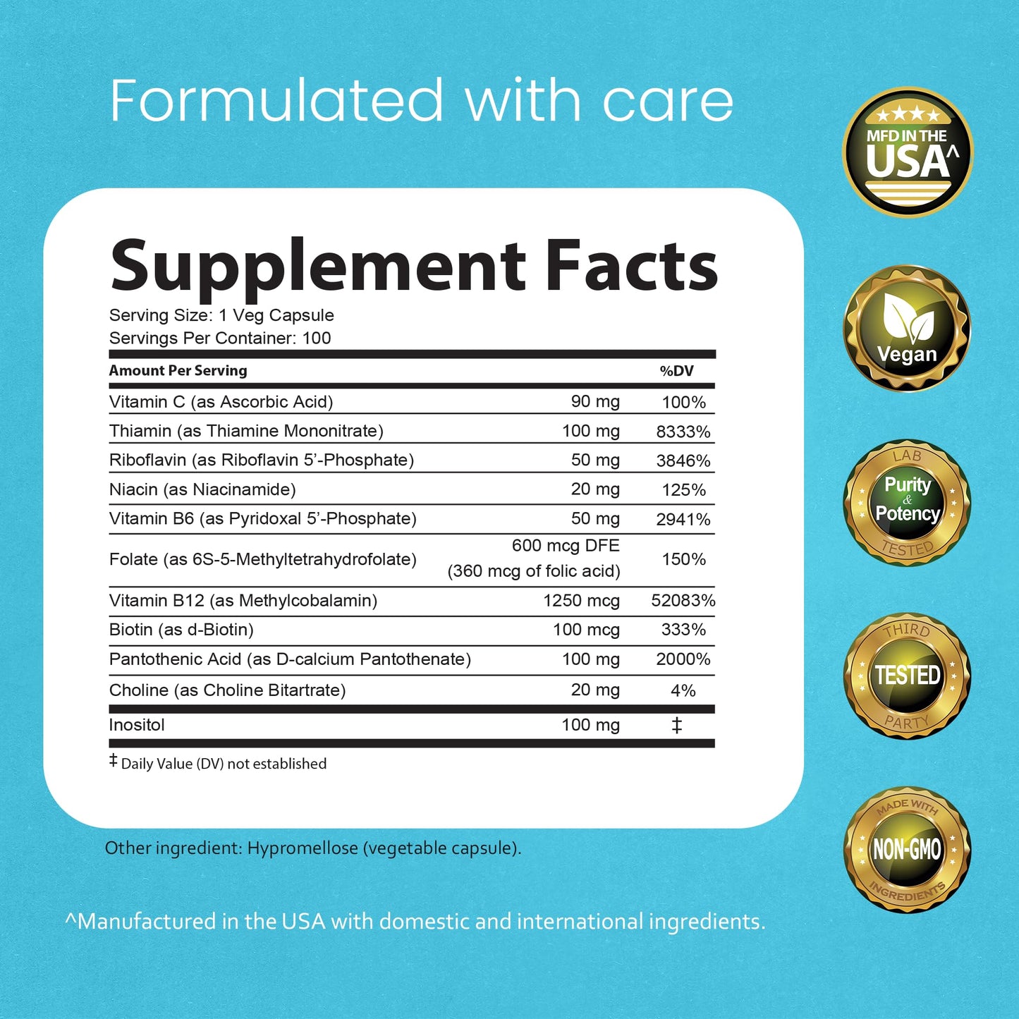 NaturaLife Labs Vitamin B Complex – All B Vitamins Including Active B2, B6, B9 & B12 (Methylcobalamin), Plus B1, B3, B5, B7 & Vitamin C – 100 Capsules - Maple Wellness Supplements