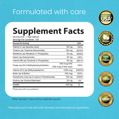 NaturaLife Labs Vitamin B Complex – All B Vitamins Including Active B2, B6, B9 & B12 (Methylcobalamin), Plus B1, B3, B5, B7 & Vitamin C – 100 Capsules - Maple Wellness Supplements