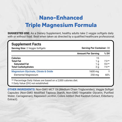 Naturalis Vegan Triple Magnesium Complex | Chelated Glycinate, Citrate & Oxide 1600mg Delivers 250mg Elemental Magnesium | Easily Absorbed for Stress, Muscle, Heart, Bone Support* | 60 Softgels - Maple Wellness Supplements