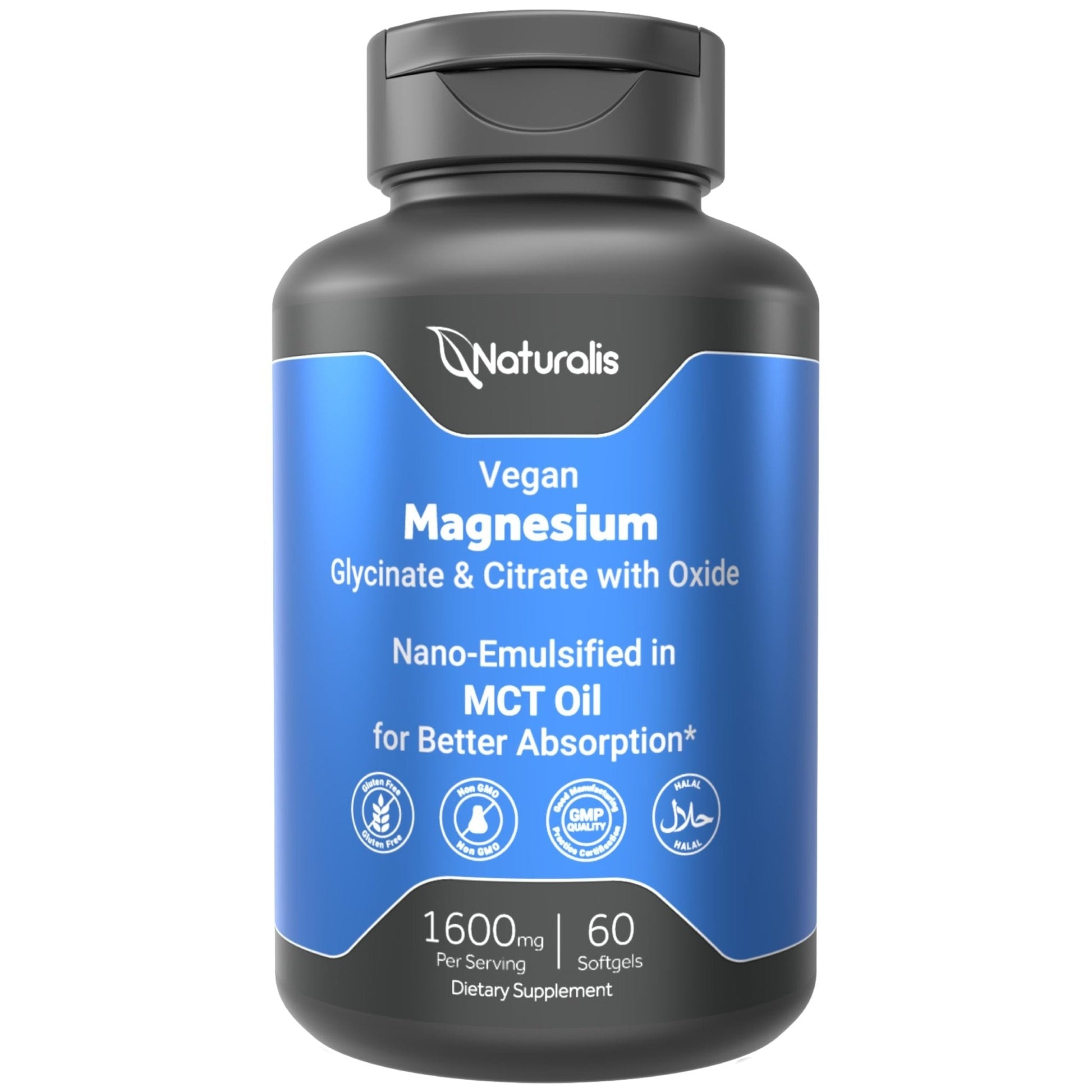 Naturalis Vegan Triple Magnesium Complex | Chelated Glycinate, Citrate & Oxide 1600mg Delivers 250mg Elemental Magnesium | Easily Absorbed for Stress, Muscle, Heart, Bone Support* | 60 Softgels - Maple Wellness Supplements