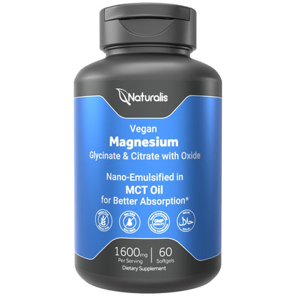 Naturalis Vegan Triple Magnesium Complex | Chelated Glycinate, Citrate & Oxide 1600mg Delivers 250mg Elemental Magnesium | Easily Absorbed for Stress, Muscle, Heart, Bone Support* | 60 Softgels - Maple Wellness Supplements