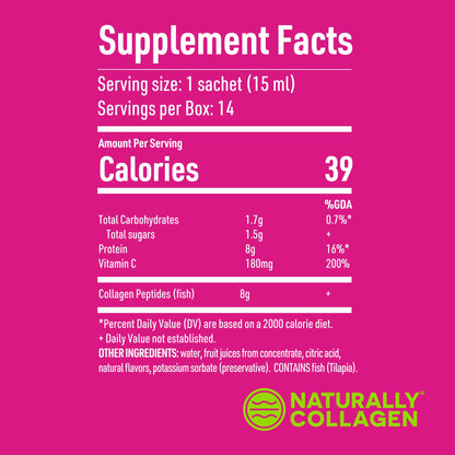 Naturally Collagen - Premium Hydrolyzed Liquid Marine Collagen Supplement - 8000mg of Collagen per Sachet Plus 180mg VIT C - Natural Tropical Fruit Flavour - 14 Sachets per Box - Maple Wellness Supplements