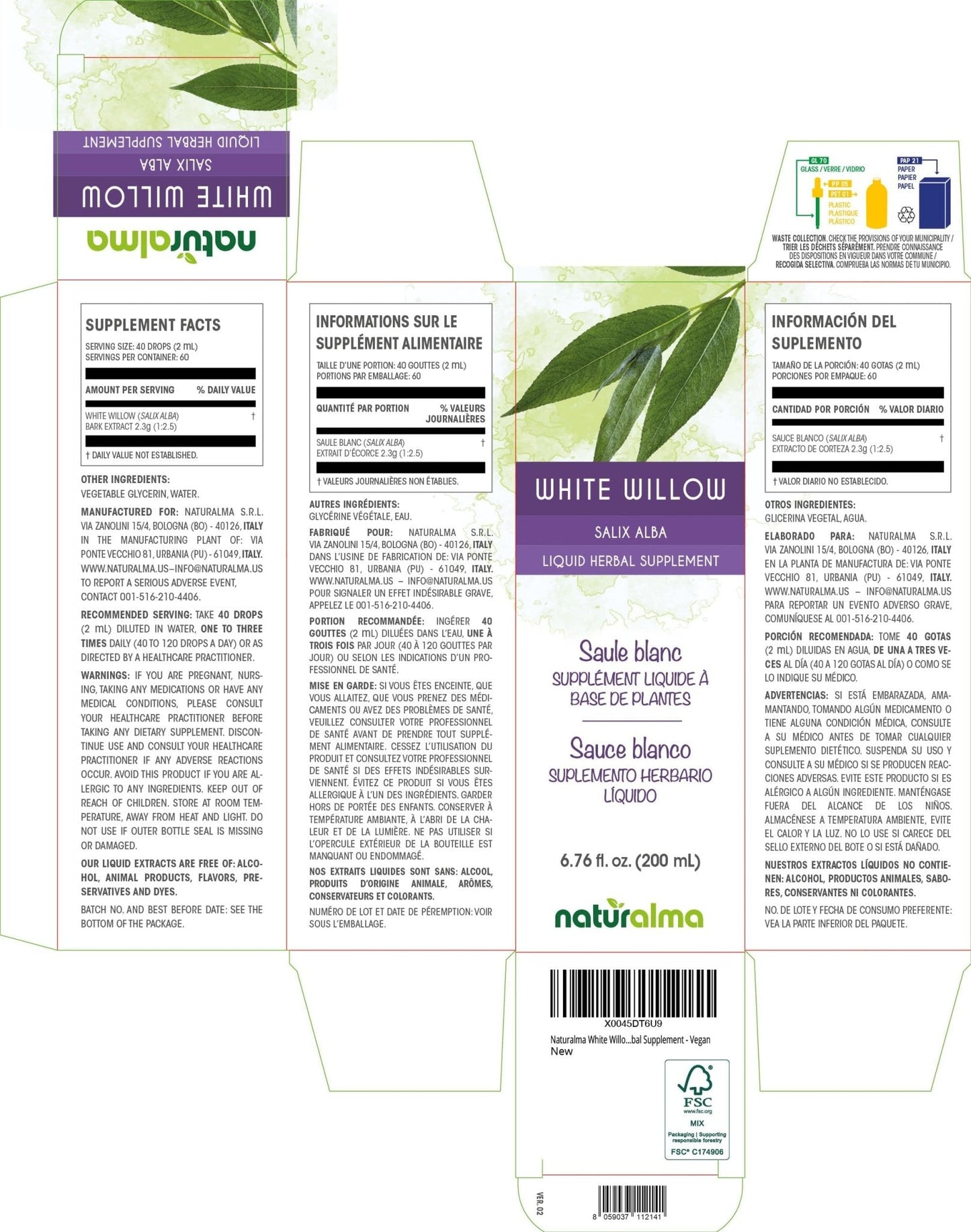 Naturalma White Willow (Salix alba) bark Alcohol-Free Tincture - 6.76 fl oz Liquid Extract in Drops - Herbal Supplement - Vegan - Maple Wellness Supplements