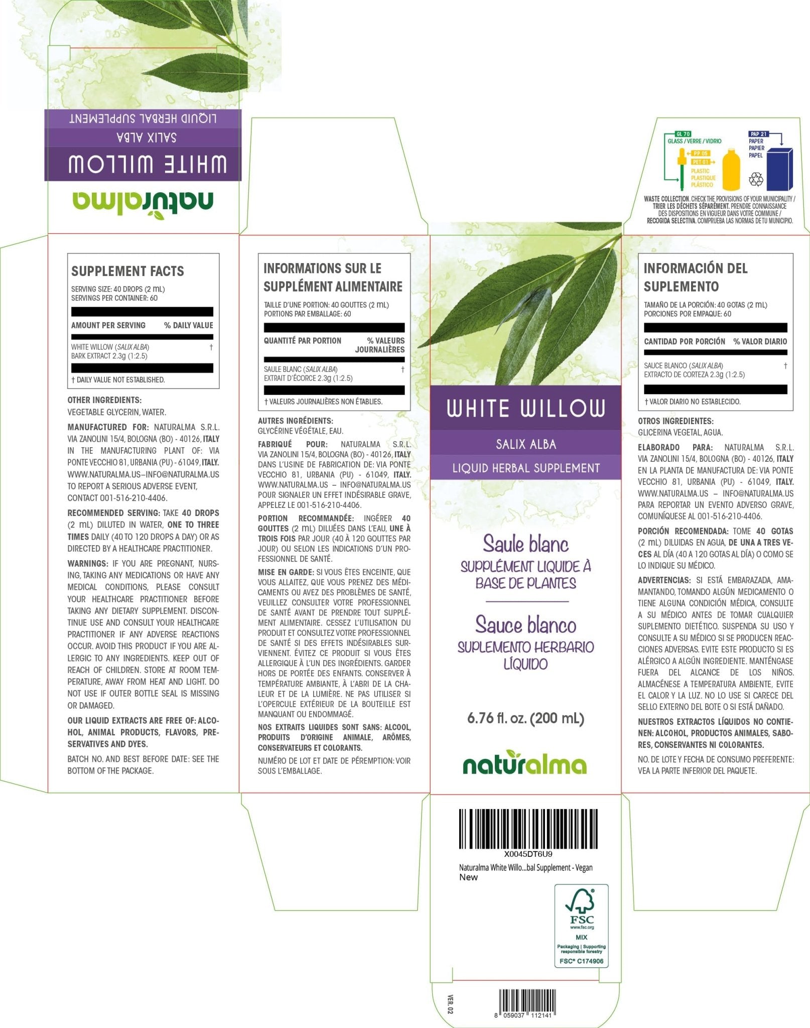 Naturalma White Willow (Salix alba) bark Alcohol-Free Tincture - 6.76 fl oz Liquid Extract in Drops - Herbal Supplement - Vegan - Maple Wellness Supplements