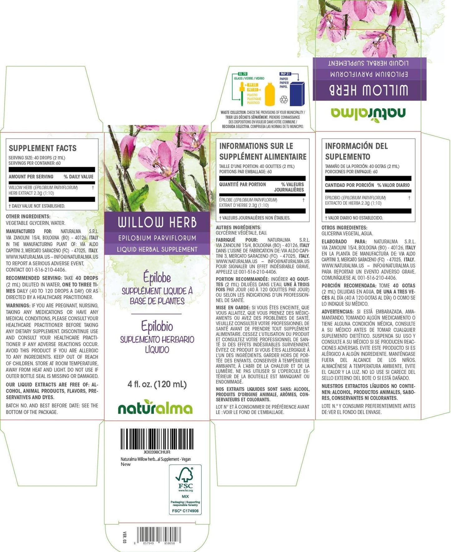 Naturalma Willow herb or Fireweed (Epilobium parviflorum) herb Alcohol-Free Tincture - 4 fl oz Liquid Extract in Drops - Herbal Supplement - Vegan - Maple Wellness Supplements