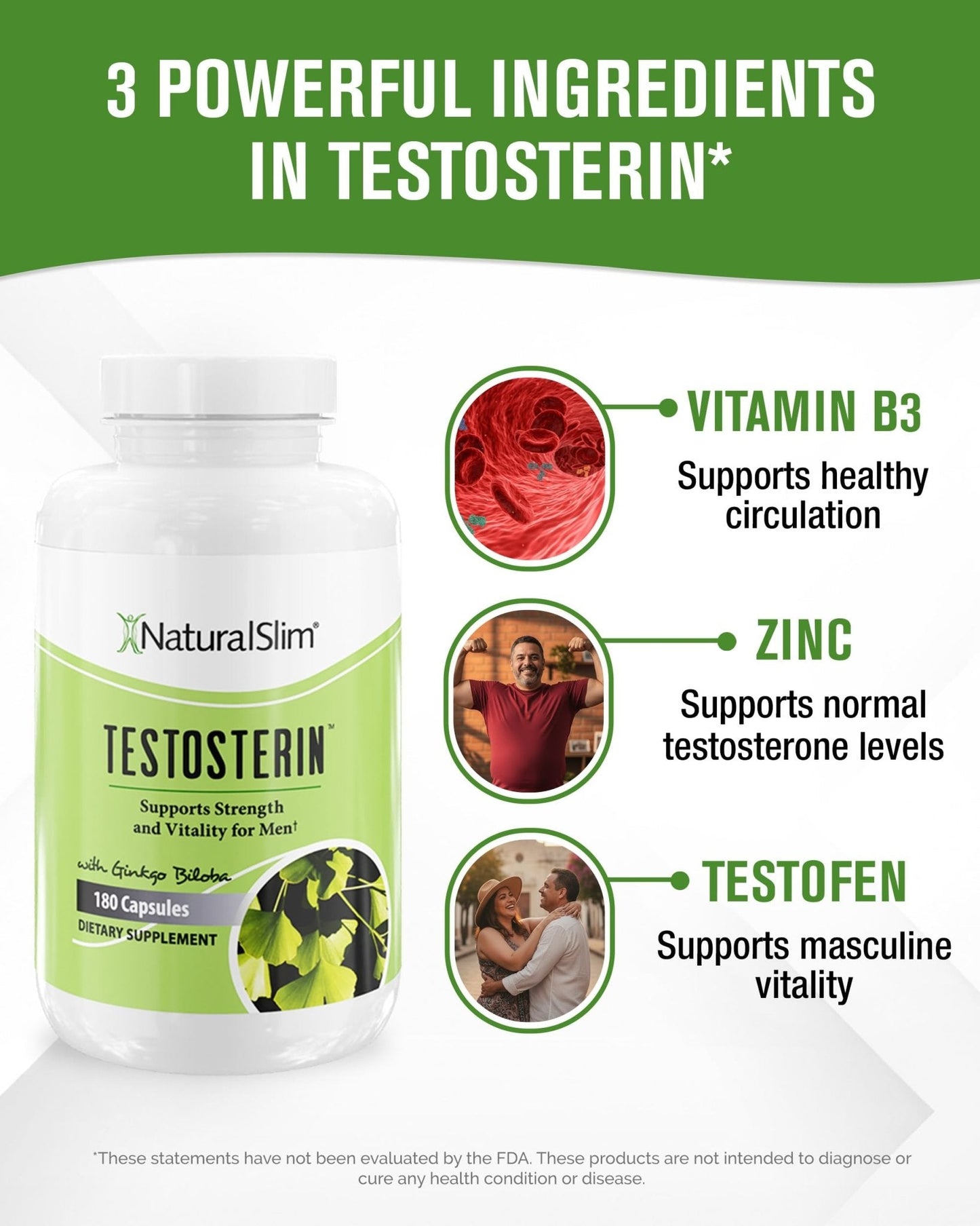 NaturalSlim Natural Booster for Men - Male Enhancing Supplement with Ginkgo Biloba, L Arginine, Zinc, Vitamin B3, & Testofen for Energy, Muscle Builder & Metabolism - 180 Capsules - Maple Wellness Supplements