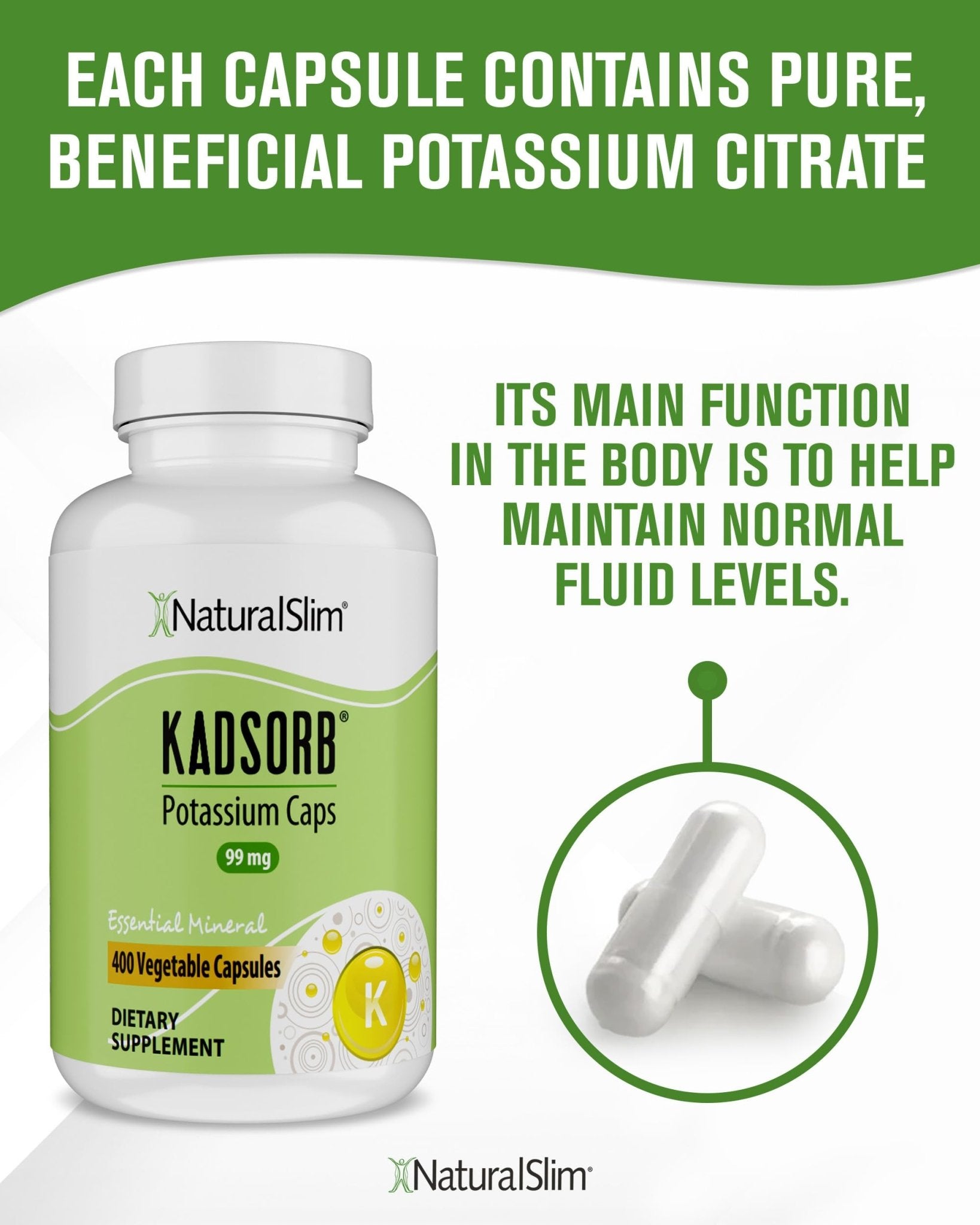 NaturalSlim Natural Potassium Citrate Gluconate 99 mg - Kadsorb Supports Electrolyte Balance & Normal pH - Absorbable Potassium Supplements - Maple Wellness Supplements