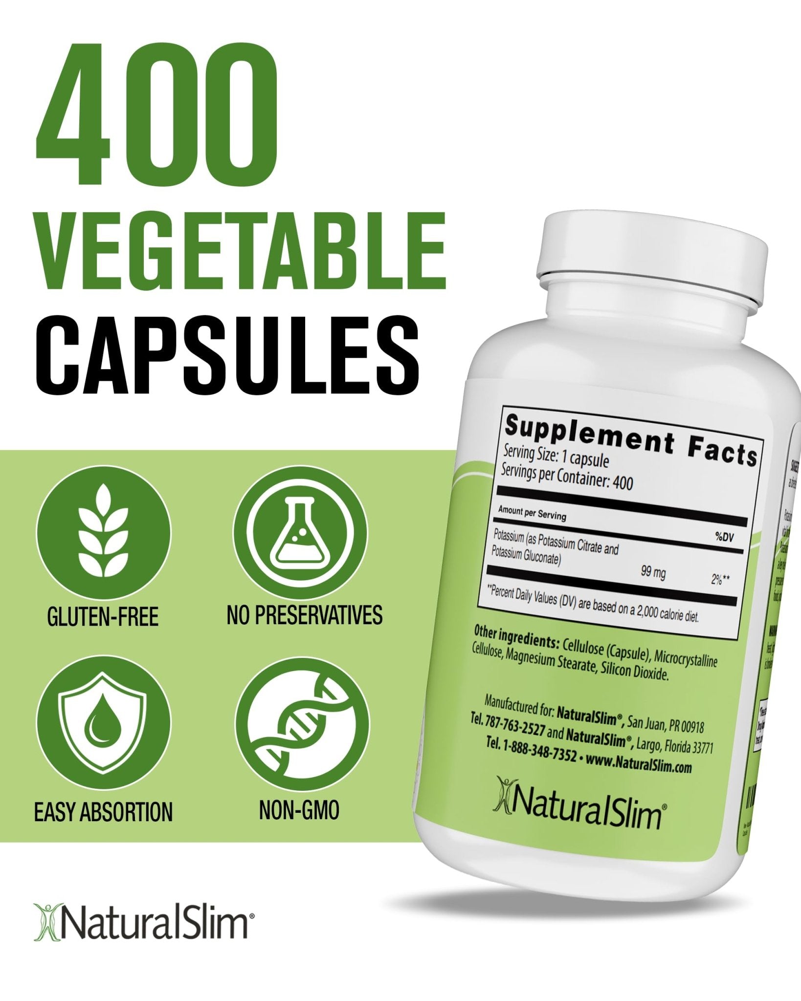NaturalSlim Natural Potassium Citrate Gluconate 99 mg - Kadsorb Supports Electrolyte Balance & Normal pH - Absorbable Potassium Supplements - Maple Wellness Supplements