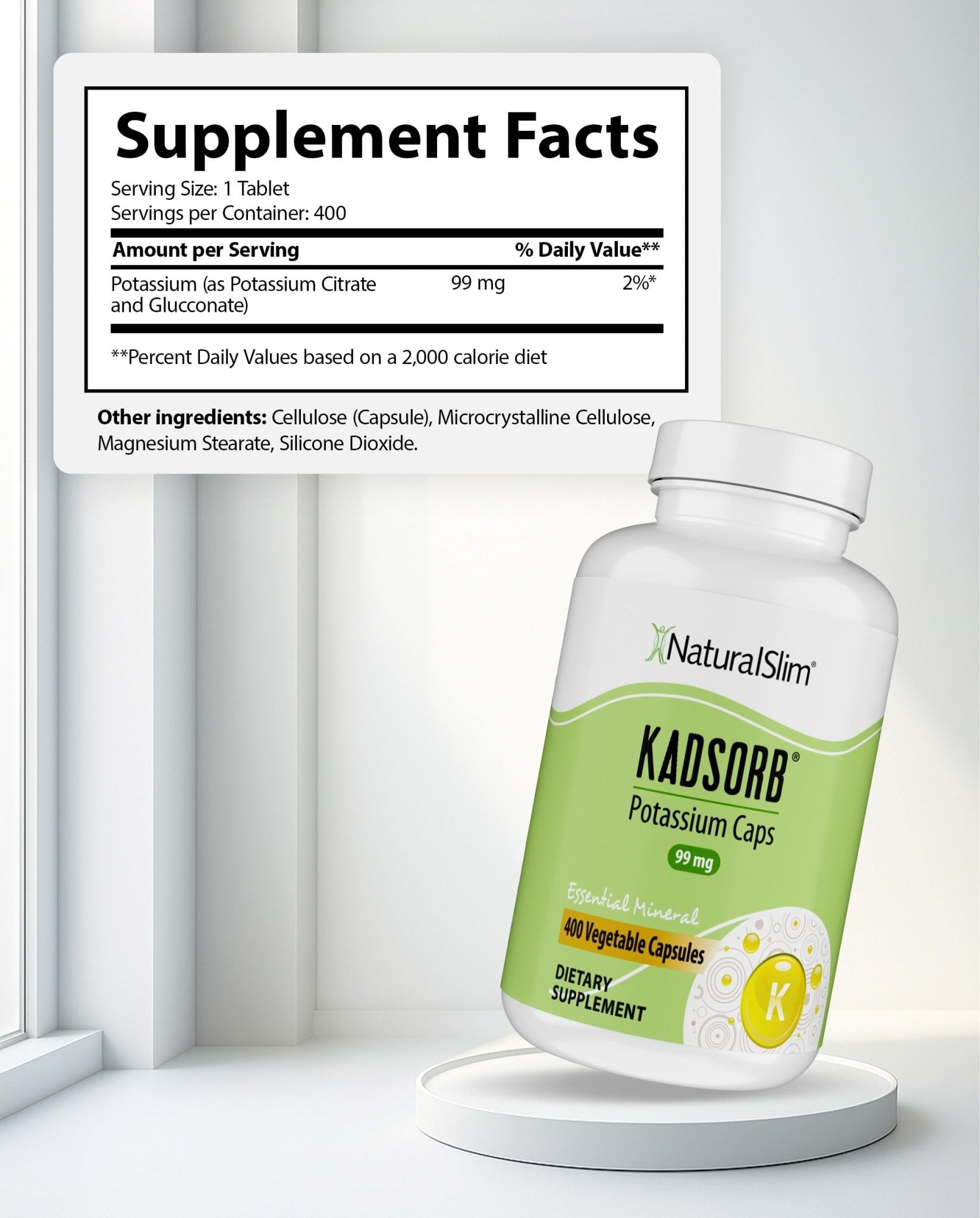 NaturalSlim Natural Potassium Citrate Gluconate 99 mg - Kadsorb Supports Electrolyte Balance & Normal pH - Absorbable Potassium Supplements - Maple Wellness Supplements