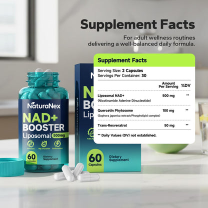 NaturaNex NAD+ Supplement 650mg (60 Capsules), Liposomal NAD+ with Resveratrol & Quercetin, Third-Party Tested, NMN Supplement Alternative - Maple Wellness Supplements