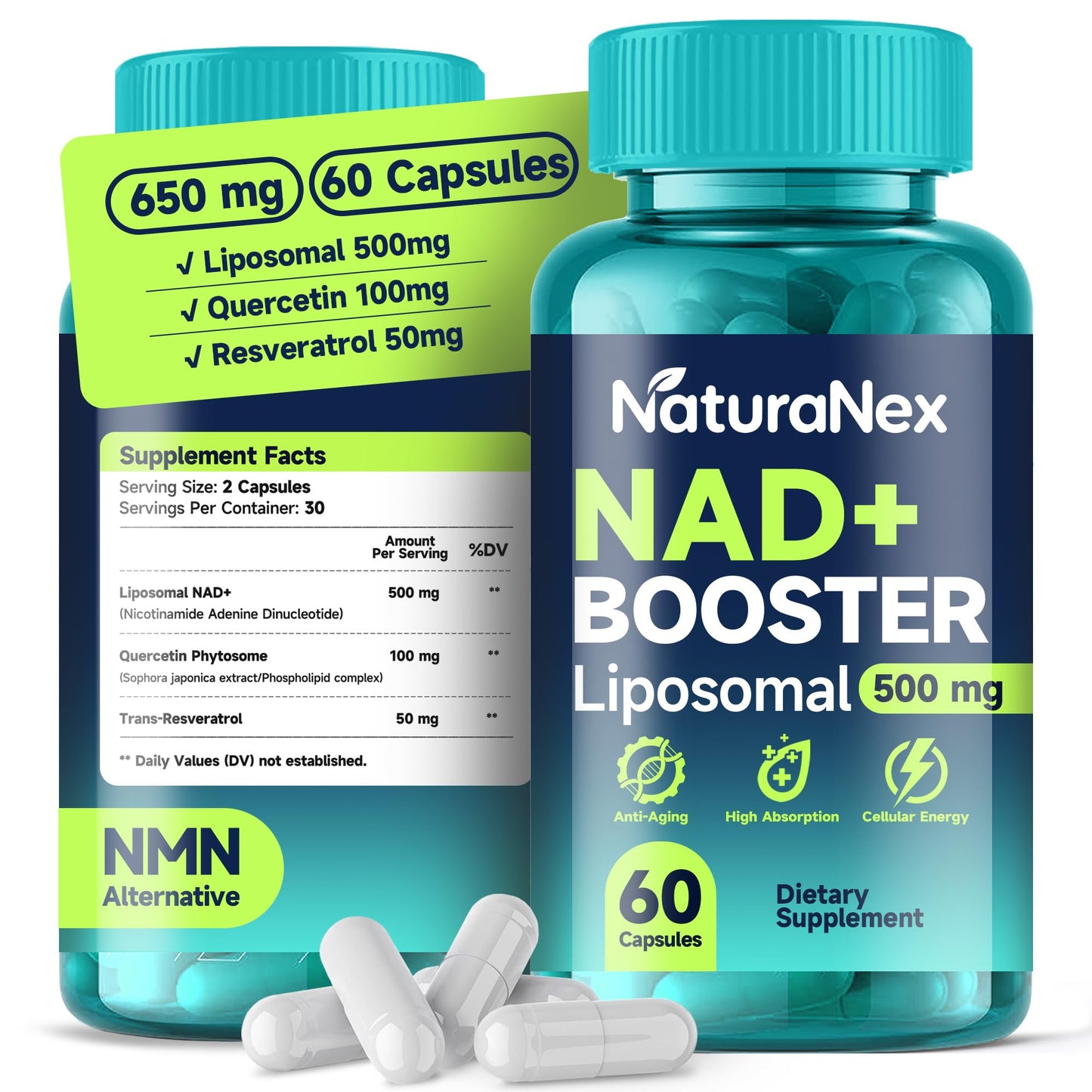 NaturaNex NAD+ Supplement 650mg (60 Capsules), Liposomal NAD+ with Resveratrol & Quercetin, Third-Party Tested, NMN Supplement Alternative - Maple Wellness Supplements