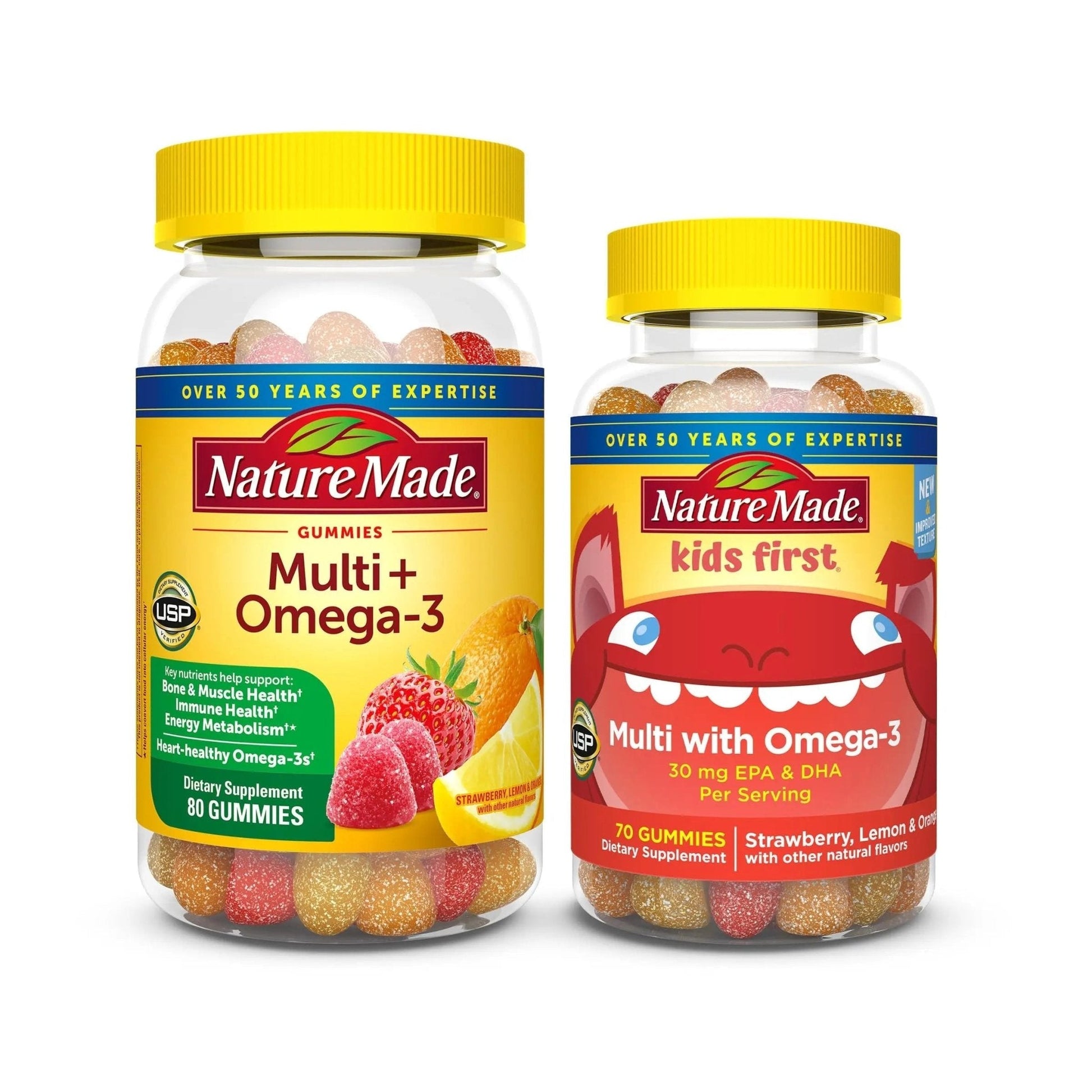 Nature Made Adult & Kids Multivitamin Gummies Combo Pack, Multis with Vitamin C, Vitamin D3, B Vitamins, Zinc, Omega 3 Fish Oil & More - Maple Wellness Supplements