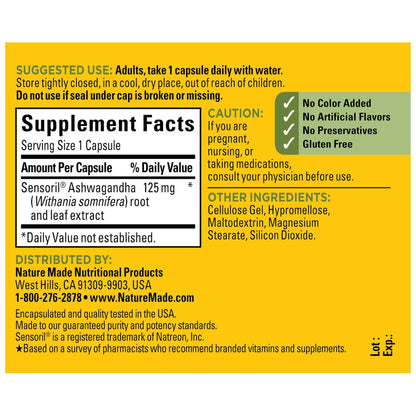 Nature Made Ashwagandha Capsules 125mg for Stress Support, Ashwagandha Supplements, 60 Capsules, 60 Day Supply - Maple Wellness Supplements