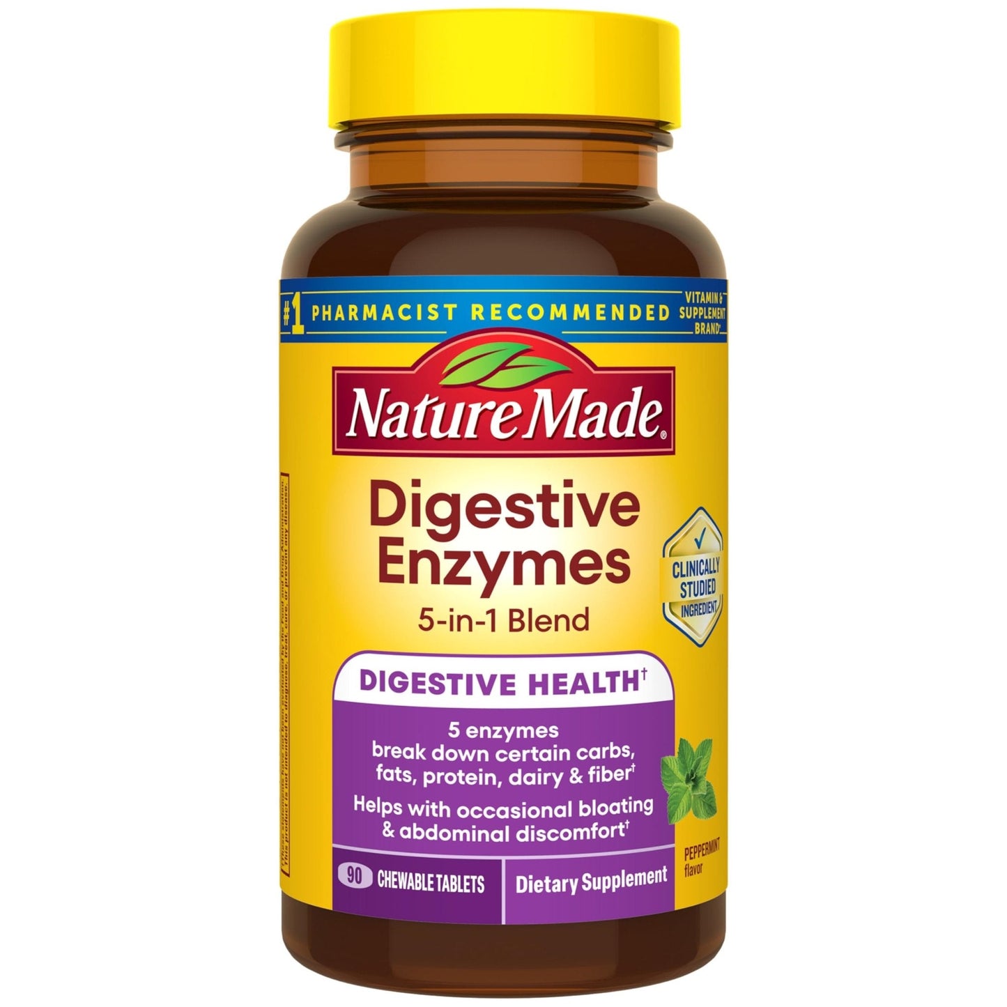 Nature Made Digestive Enzymes 5-in-1 Blend, Digestive Health Support, 90 Chewable Tablets, 30 Day Supply - Maple Wellness Supplements