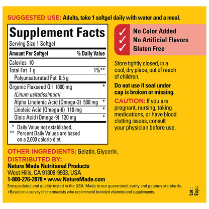 Nature Made Flaxseed Oil 1000 mg, Fish Free Omega 3 Supplement, Dietary Supplement for Heart Health Support, 100 Softgels, 100 Day Supply - Maple Wellness Supplements