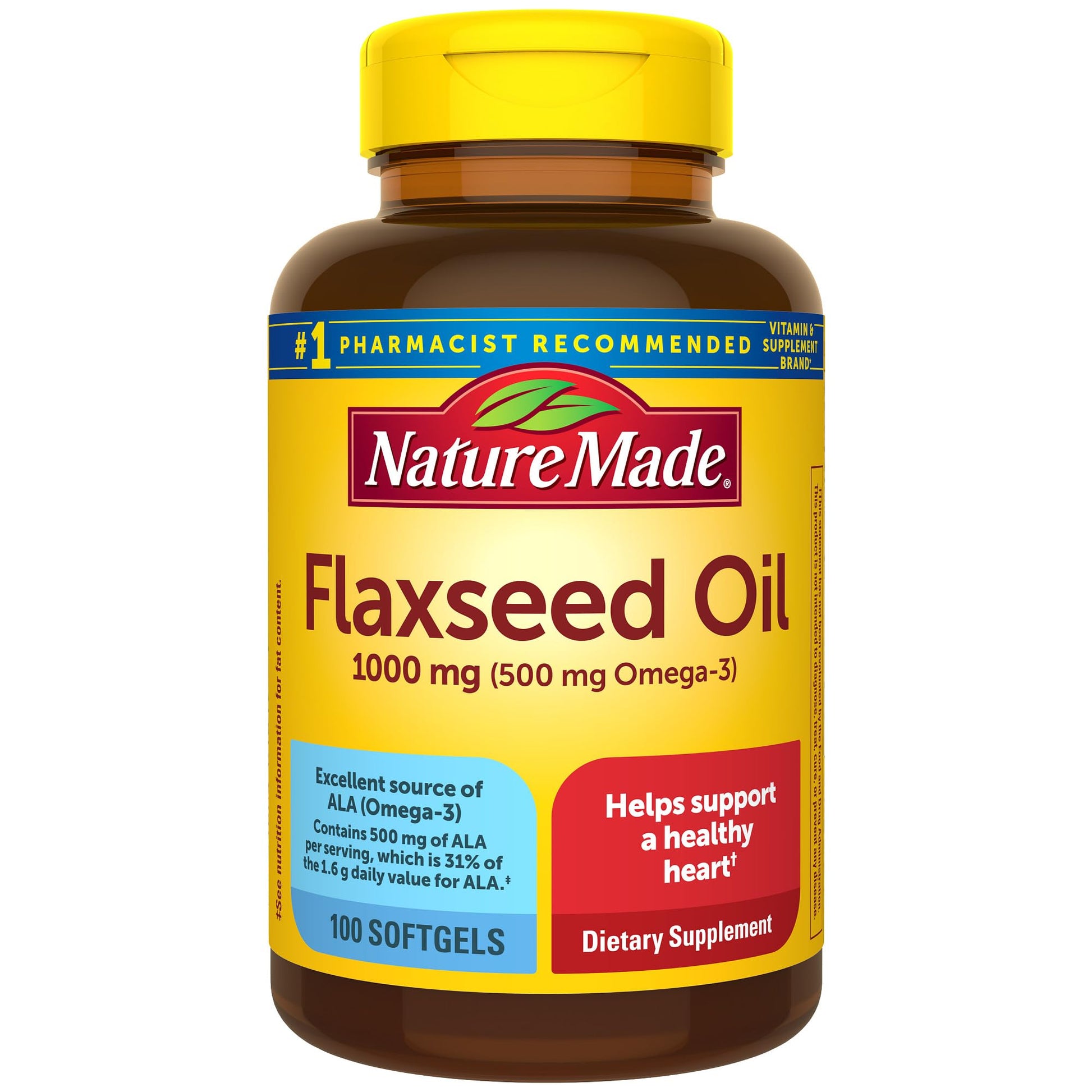 Nature Made Flaxseed Oil 1000 mg, Fish Free Omega 3 Supplement, Dietary Supplement for Heart Health Support, 100 Softgels, 100 Day Supply - Maple Wellness Supplements