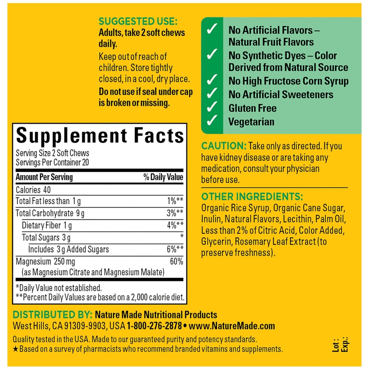 Nature Made High Absorption Magnesium Complex Soft Chews, Magnesium Supplement for Muscle, Heart, Bone Support, Magnesium Citrate & Malate Blend 250 mg per Serving, 40 Vegetarian Chews, 20 Day Supply - Maple Wellness Supplements