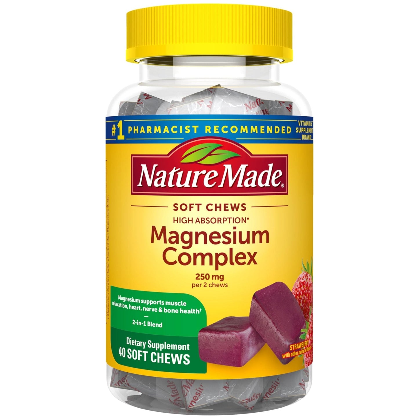 Nature Made High Absorption Magnesium Complex Soft Chews, Magnesium Supplement for Muscle, Heart, Bone Support, Magnesium Citrate & Malate Blend 250 mg per Serving, 40 Vegetarian Chews, 20 Day Supply - Maple Wellness Supplements