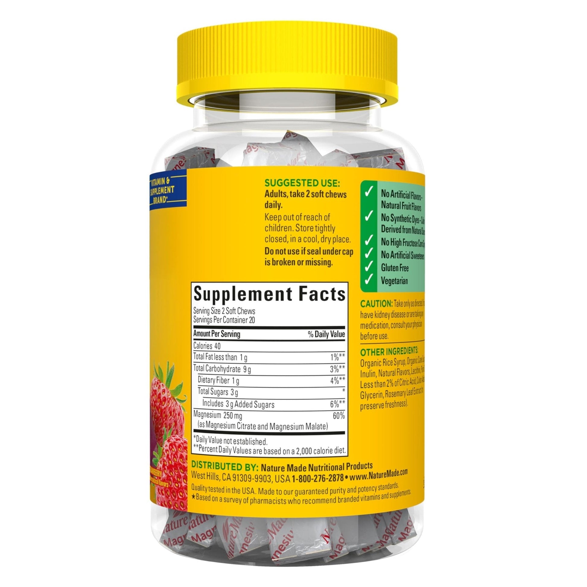 Nature Made High Absorption Magnesium Complex Soft Chews, Magnesium Supplement for Muscle, Heart, Bone Support, Magnesium Citrate & Malate Blend 250 mg per Serving, 40 Vegetarian Chews, 20 Day Supply - Maple Wellness Supplements