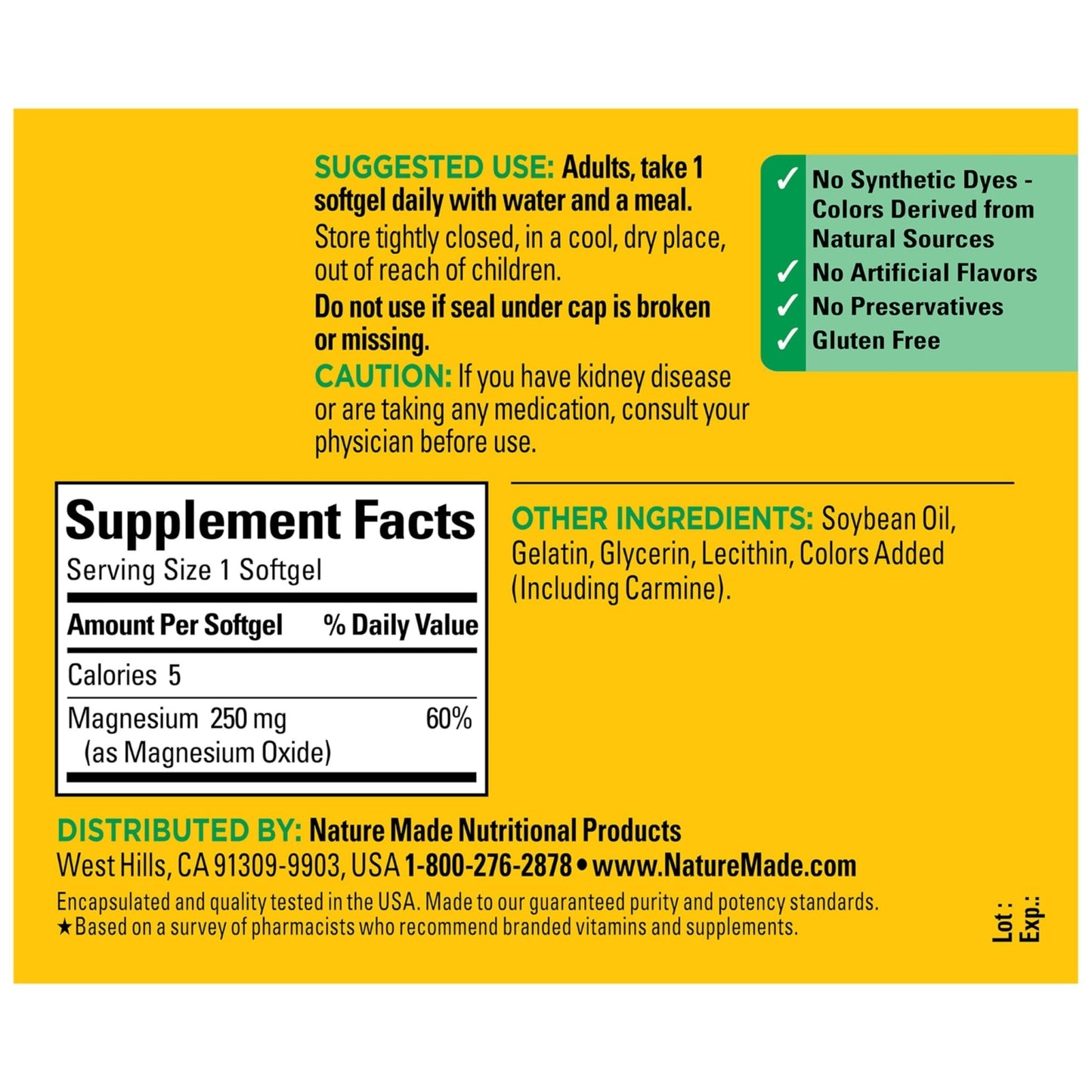 Nature Made Magnesium 250 mg, Magnesium Supplements for Men and Women, Support for Muscle, Heart, Bone and Nerve Health, 90 Softgels, 90 Day Supply - Maple Wellness Supplements