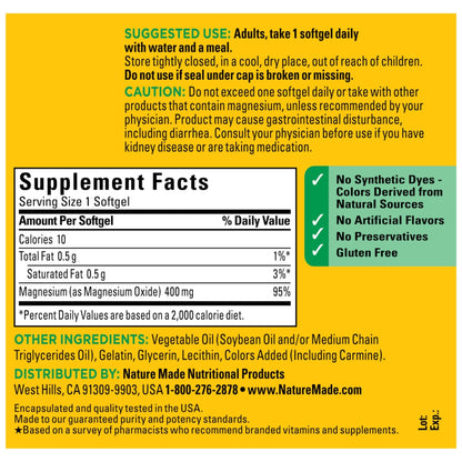 Nature Made Magnesium Oxide 400 mg Softgels, Extra Strength Magnesium Supplements for Men and Women, Support for Muscle, Nerve, Bone and Heart, 110 Day Supply - Maple Wellness Supplements