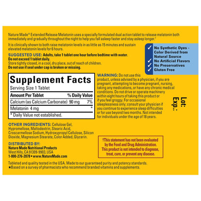 Nature Made Melatonin 4mg Extended Release Tablets, Sleep Supplements for Adults, 100% Drug Free Sleep Aid, 90 Count, 90 Day Supply - Maple Wellness Supplements