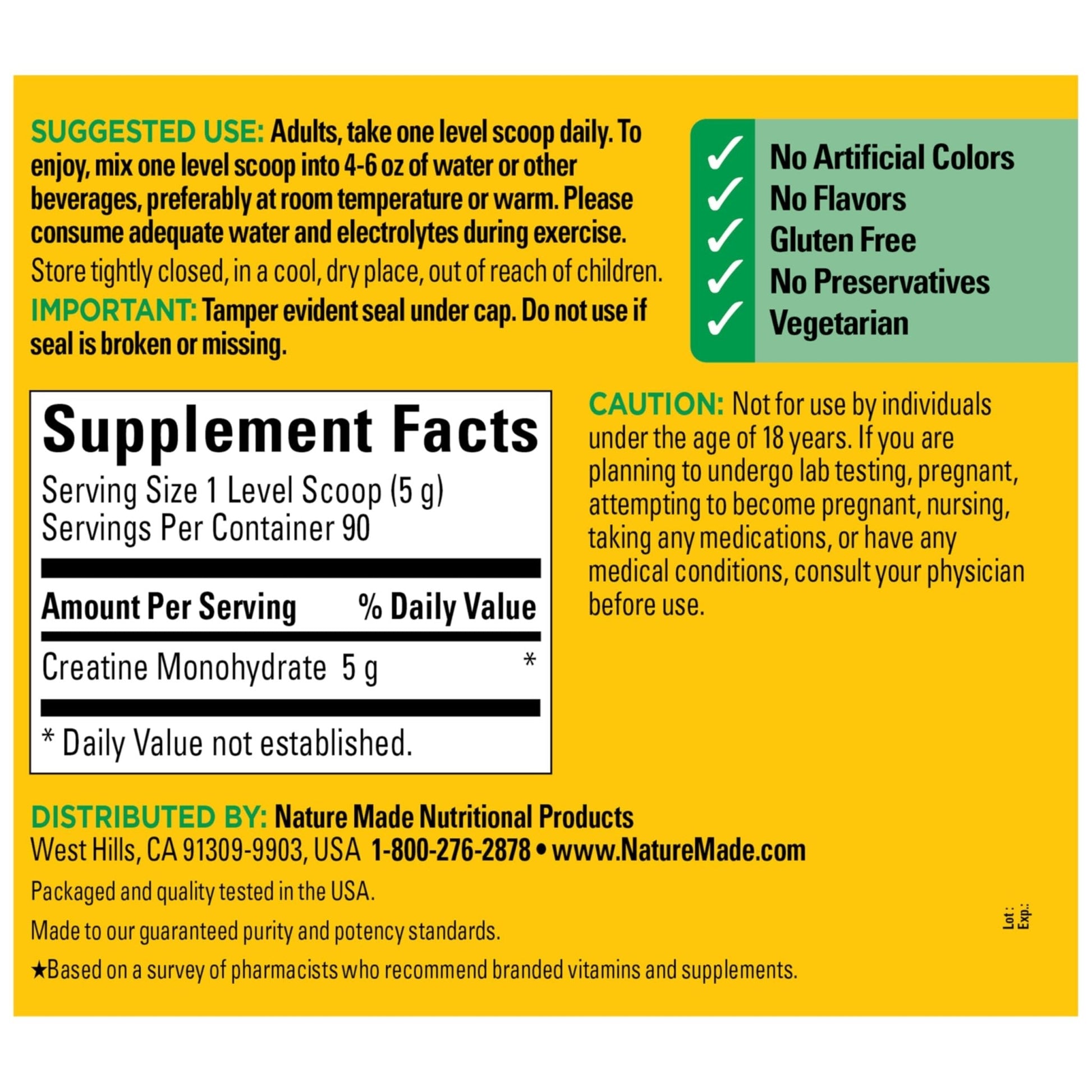 Nature Made Micronized Creatine Monohydrate Powder 5 g per Serving, Unflavored Drink Mix Powder, Muscle Support, 450 g, 90 Day Supply - Maple Wellness Supplements