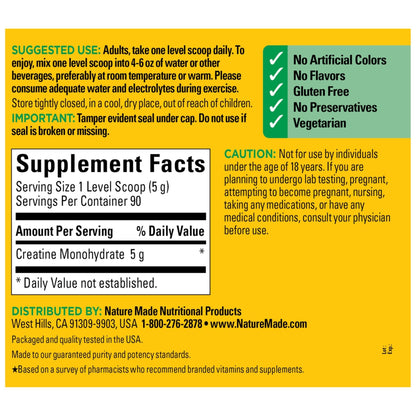 Nature Made Micronized Creatine Monohydrate Powder 5 g per Serving, Unflavored Drink Mix Powder, Muscle Support, 450 g, 90 Day Supply - Maple Wellness Supplements