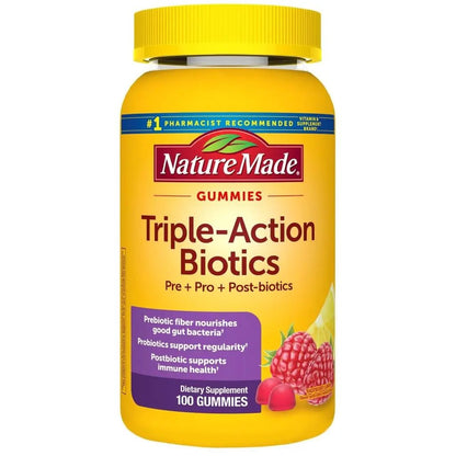 Nature Made Triple Action Biotic Gummy, 100 Gummies, Combined Prebiotic, Probiotic and PostBiotic, 50 Day Supply - Maple Wellness Supplements