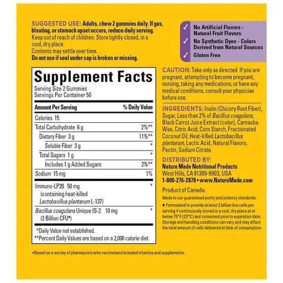 Nature Made Triple Action Biotic Gummy, 100 Gummies, Combined Prebiotic, Probiotic and PostBiotic, 50 Day Supply - Maple Wellness Supplements