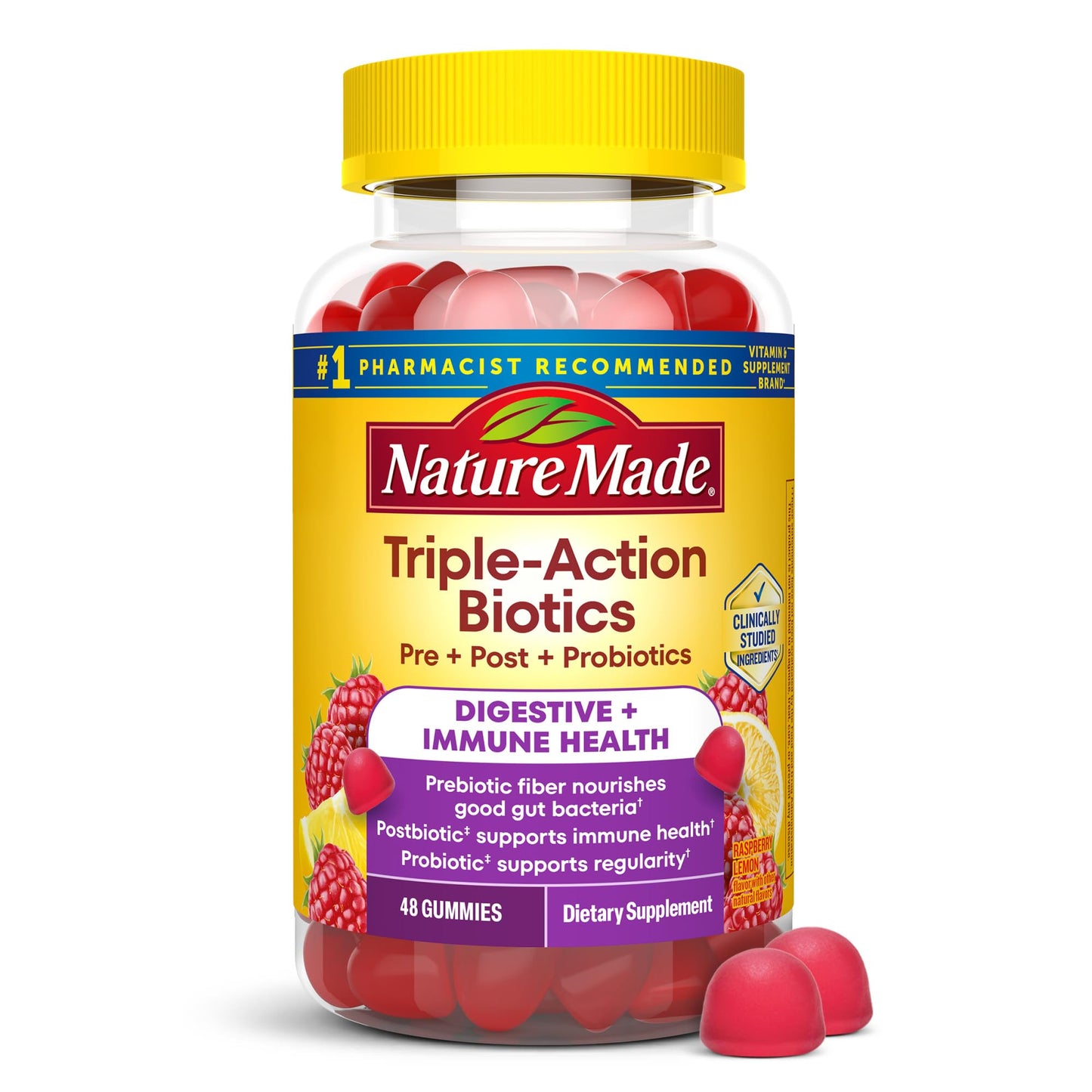 Nature Made Triple-Action Biotics, Gut and Immune Health Support, Digestive Probiotics for Women and Men, Prebiotic Fiber Gummies, 48 Gummies, 24 Day Supply - Maple Wellness Supplements