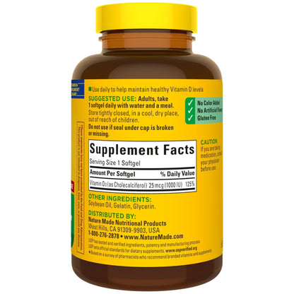 Nature Made Vitamin D3 1000 IU (25 mcg), Vitamin D Supplement for Bone, Teeth, Muscle and Immune Health Support, 300 Softgels, 300 Day Supply - Maple Wellness Supplements